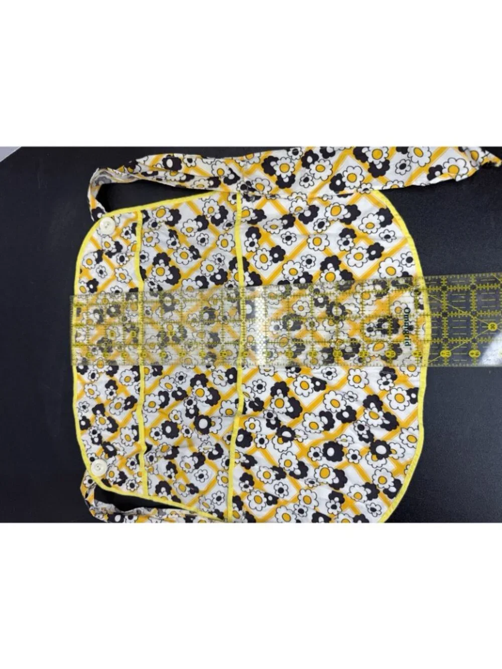 Vintage Handmade Half Apron With Pockets Yellow Black Mod Flowers Print Retro